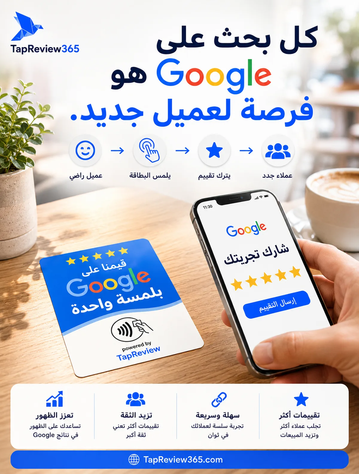 بطاقة تقييم جوجل على طاولة مقهى وزبون يقيم من هاتفه